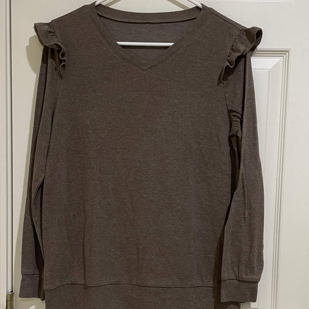 Women's Brown Ruffle Shoulder long Sleeve Top Medium